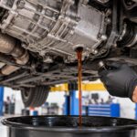 Mechanic draining transmission fluid from a vehicle into a catch pan during automotive maintenance at Fine Line Imports.