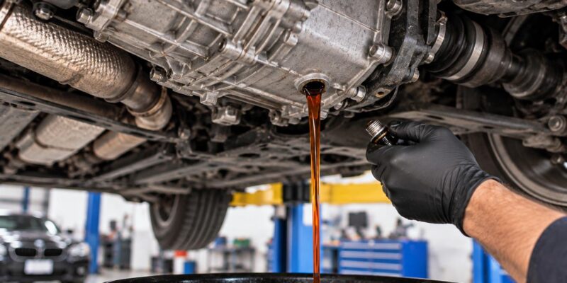 Mechanic draining transmission fluid from a vehicle into a catch pan during automotive maintenance at Fine Line Imports.